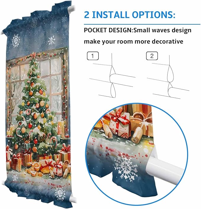 Christmas French Door Curtain Panel for Front Door, Gorgeous Xmas Tree Dark Steel Blue Slidelight Door Curtains with Tieback Light Filtering Privacy Panels for Doorway Entryway 25"x 40"