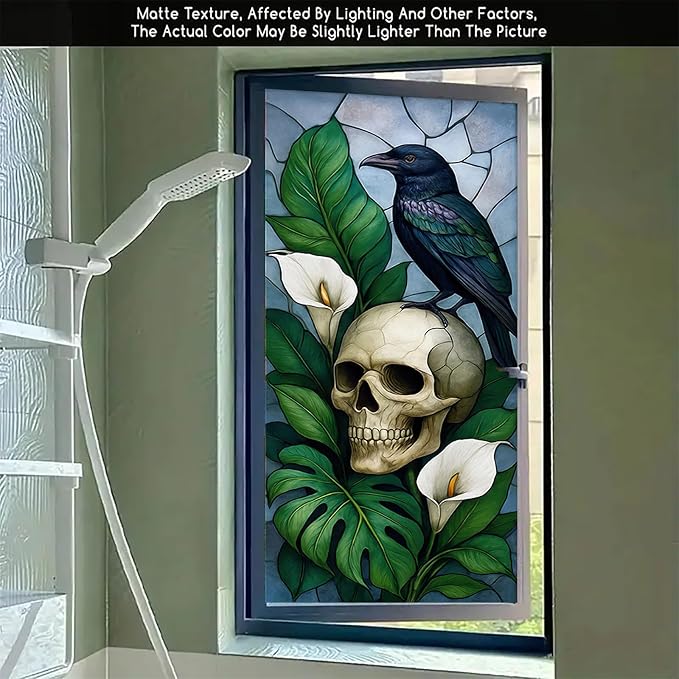 Gothic Raven Skull Privacy Film Static Cling Stained Glass Panel No Glue Decorative Cover for Halloween Door Studio Bathroom Partition 17.7x39.3 inch