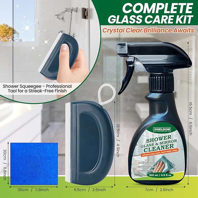SHIELDOM Shower Glass Cleaner, Glass Window & Mirror Cleaning Hard Water Stains Remover Removes Soap Scum/Water Spot/Fingerprint/Dirt with Squeegee & Towel for a Streak-Free Shine 6.8fl oz/200ml
