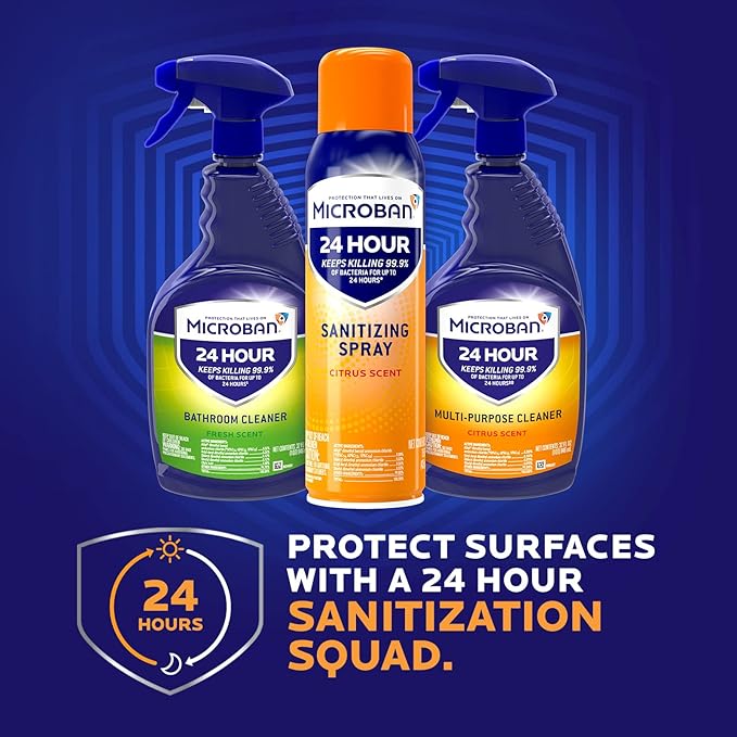 MICROBAN Disinfectant Spray, 24 Hour Sanitizing and Antibacterial Spray, All Purpose Cleaner, Citrus Scent, 4 Count, 22 fl oz Each