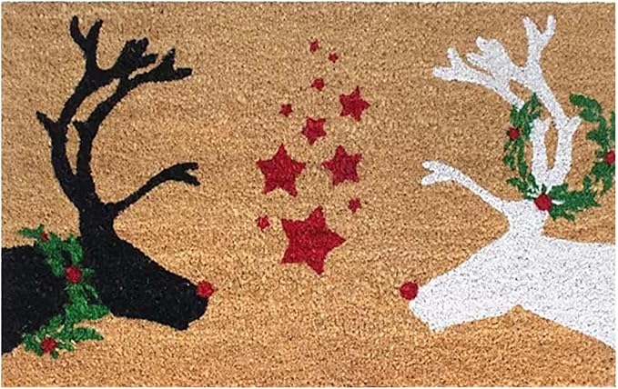 Reindeer Christmas Door Mat, Xmas Rug Christmas Decorations, Non-Slip Reindeer Welcome Doormat for Front Door, Indoor Outdoor Holiday Rug for Home Kitchen Floor Christmas Decor 16 X 24 Inch