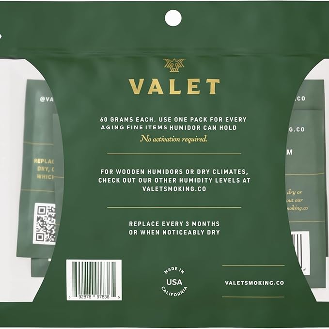 Valet 65% Two-Way Humidity Packs 4-Pack (60g), Two-Way Humidity Control Packs for Long-Term Aging & Storage, Moisture Absorber for Wood & Airtight Containers, Made in USA