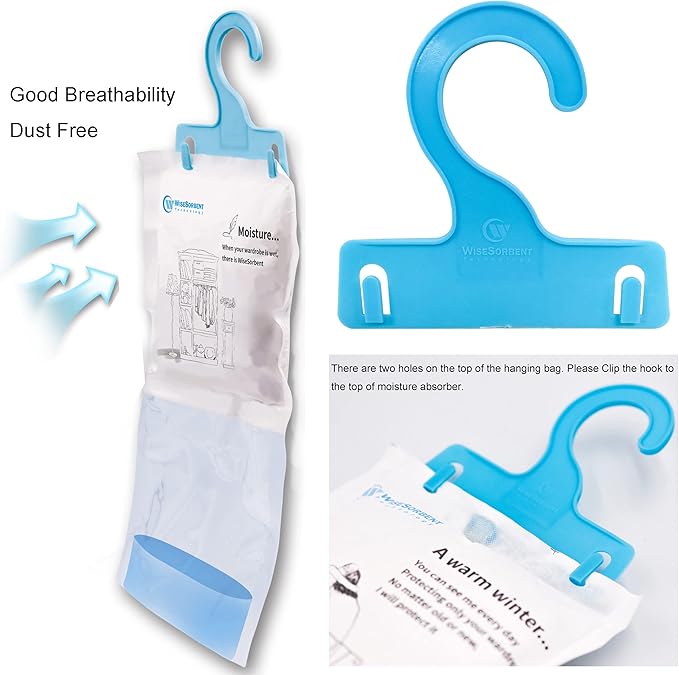 Wisesorb Moisture Absorber Refill Hanging Bags, 12 Pack (200g Each) – Calcium Chloride Dehumidifier Bags with 6 Reusable Hooks, Closet & Bathroom Dehumidifier Bags