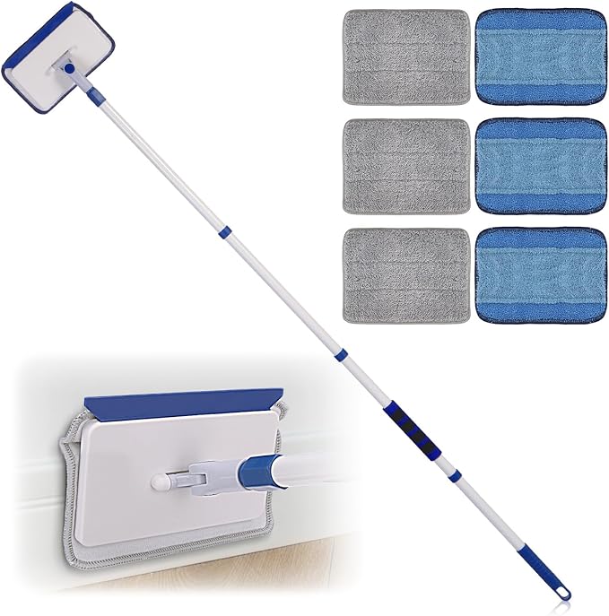 Qaestfy Baseboard Cleaner Tool with Handle, Wall Floor Mop with Extendable Long Handle Duster for Cleaning Window, Floor, Skirting Board, Ceiling, Shower, Tub Tile, Kitchen with 6 Reusable Pads