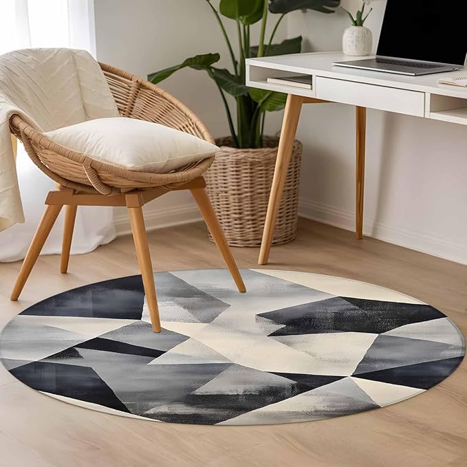 Color Block Round Rug 4 Ft, Modernism Blue Beige Line Abstract Art Circle Area Rugs Washable Non Slip Indoor Floor Mats Carpet for Living Room Bedroom Dining Room Home Decor