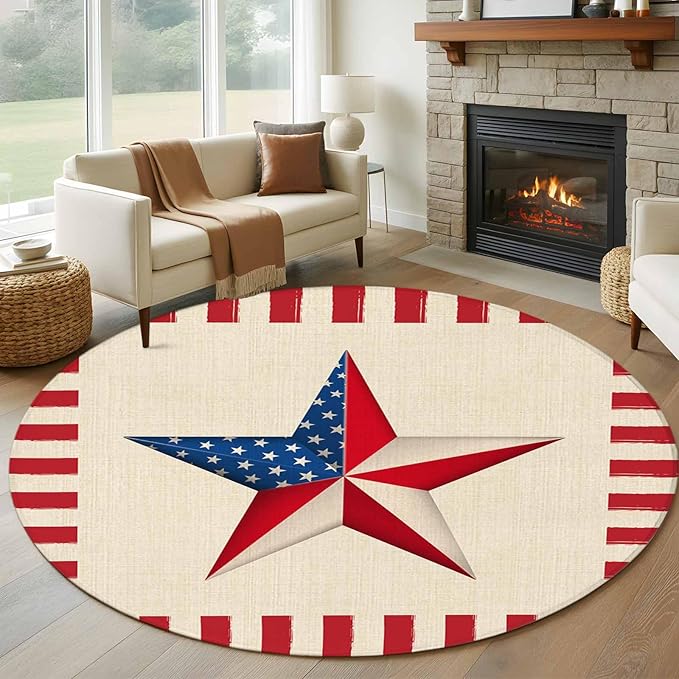 Farmhouse American Flag Pentagram Round Rug 6 Ft, Circle Area Rugs Washable Non Slip Indoor Floor Mats Carpet for Living Room Bedroom Dining Room Home Decor