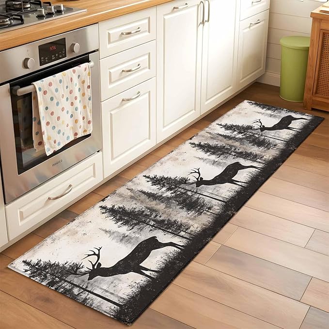 Elk Runner Rug 2'x6', Deer Silhouette Hallway Runner Rugs Washable Non-Slip Bedside Floor Mats Carpet for Kitchen Bedroom Laundry Room Bathroom