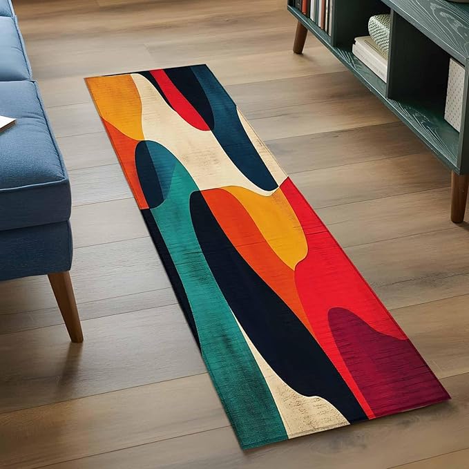 Abstract Art Runner Rug 2'x6', Impressionist Red Blue Color Block Hallway Runner Rugs Washable Non-Slip Bedside Floor Mats Carpet for Kitchen Bedroom Laundry Room Bathroom