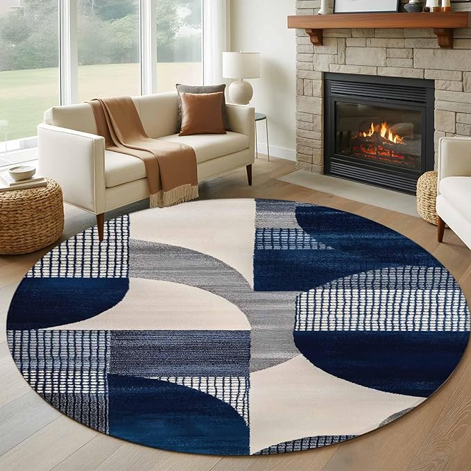 Modernism Large Round Rug 8Ft, Blue White Geometric Abstract Design Circle Area Rugs Washable Non Slip Indoor Floor Mats Carpet for Living Room Bedroom Dining Room Home Decor