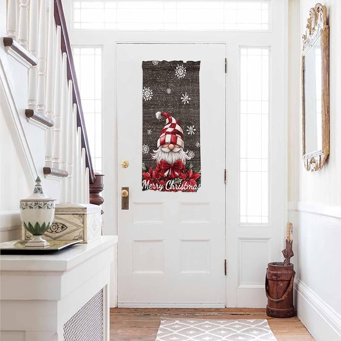 Christmas French Door Curtain Panel for Front Door, Dark Brown Wood Texture Merry Christmas Dwarf Poinsettia Slidelight Door Curtains with Tieback Light Filtering Privacy Panels for Entryway 25"x 40"