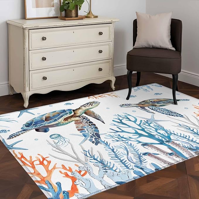 Sea Turtle 4'x6' Area Rugs, Seagrass Coral Starfish Washable Area Rugs Non-Slip Indoor Floor Mats Carpet for Living Room Bedroom Dining Room