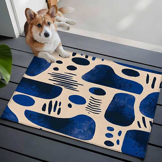 Modernism Entryway Rug 2'x3', Blue Black Geometric Abstract Style Small Area Rug Non-Slip Front Door Mat Washable Floor Carpet for Indoor Entrance Kitchen Bathroom