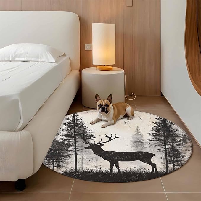 Elk Large Round Rug 8Ft, Deer Silhouette Circle Area Rugs Washable Non Slip Indoor Floor Mats Carpet for Living Room Bedroom Dining Room Home Decor