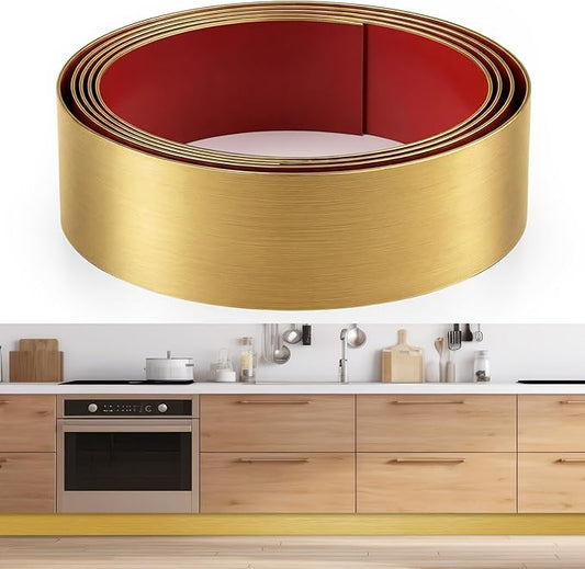 1 Pack 4 x 240 Inch Stainless Steel Kick Plate for Protection Decoration DIY Self Adhesive Metal Kick Plates for Interior or Exterior Wall Kitchen Cupboard Dishwasher(Gold)
