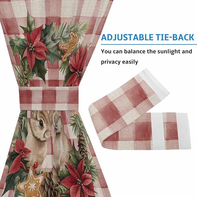 Christmas French Door Curtain Panel for Front Door, Rabbits Santa Hat Christmas Wreath Red Checkered Slidelight Door Curtains with Tieback Light Filtering Privacy Panels for Doorway Entryway 25"x 40"