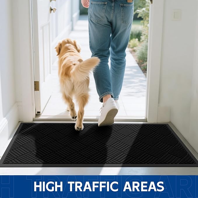 Durable Indoor Outdoor Door Mat, 3' x 4' Heavy Duty Front Door Mat for Entryway, Non-Slip Backing, Stain and Fade Resistant, Absorbent Commercial Floor Mat for High Traffic Area, Black