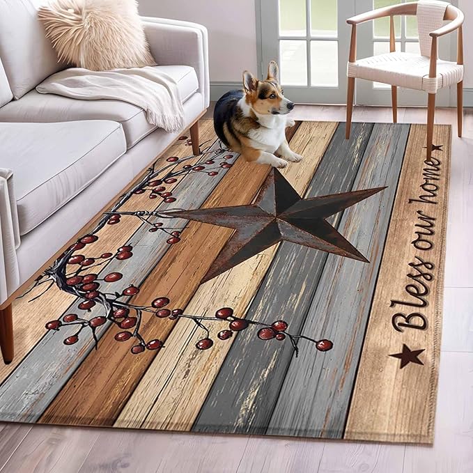 Country Stars 3'x5' Area Rugs, Vintage Rust Black Star Berry Brown Light Blue Wood Grain Washable Area Rugs Non-Slip Indoor Floor Mats Carpet for Living Room Bedroom Dining Room