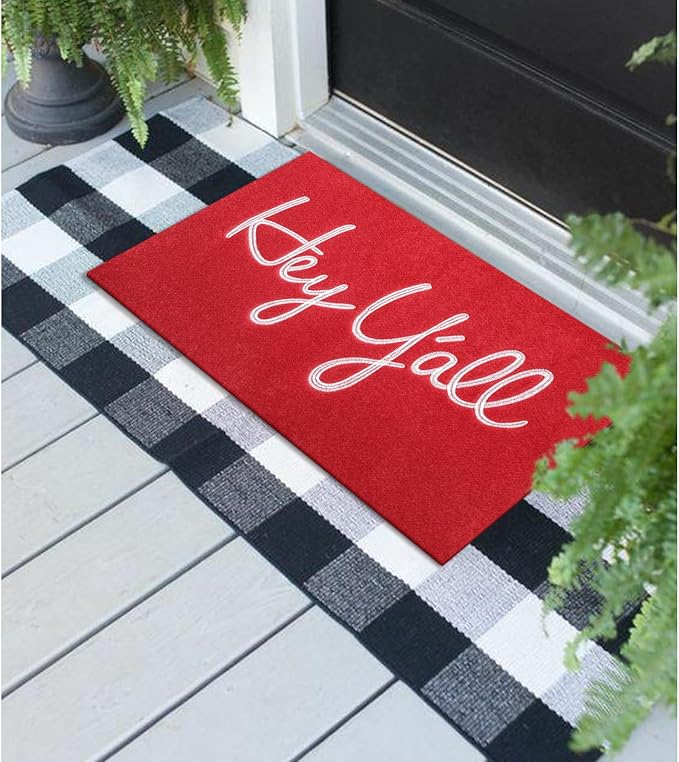Welcome Mats Outdoor Front Door Doormats Inside Outside Heavy Duty Backing Hey Y'all Mat Entryway Mats Ideal for Home Decor, Low-Profile Resist Dirt Entrance Mat for Shoe Scraper Red 28" x 18"