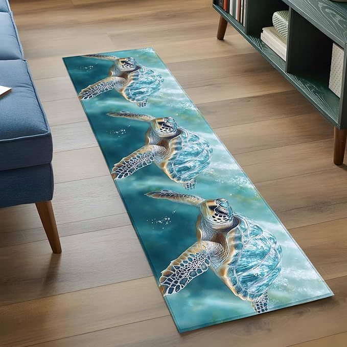 Marine Animal Runner Rug 2'x6', Ocean Turtle Modern Art Abstract Style Hallway Runner Rugs Washable Non-Slip Bedside Floor Mats Carpet for Kitchen Bedroom Laundry Room Bathroom