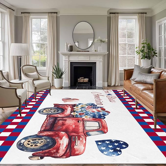 Red Truck USA Flag Stars 5'x8' Large Area Rugs, God Bless America Washable Area Rugs Non-Slip Indoor Floor Mats Large Carpet for Living Room Bedroom Dining Room