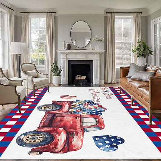 Red Truck USA Flag Stars 9'x12' Large Area Rugs, God Bless America Washable Area Rugs Non-Slip Indoor Floor Mats Large Carpet for Living Room Bedroom Dining Room