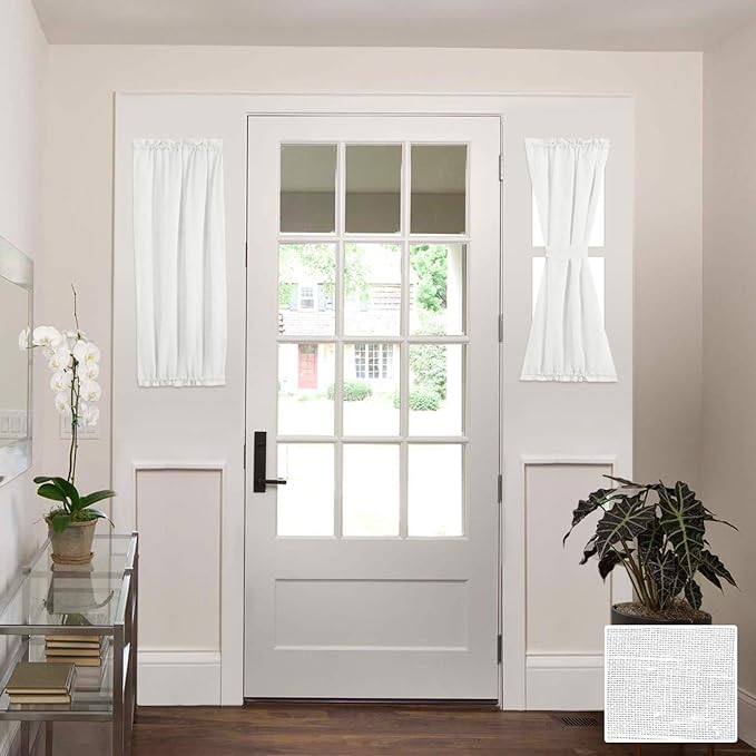 H.VERSAILTEX Linen French Door Curtains Privacy Light Reducing Curtain with Tieback | Rod Pocket Curtain 1 Panel for Glass Door - Open Weave Textured Linen - 25"W x 40"L - White