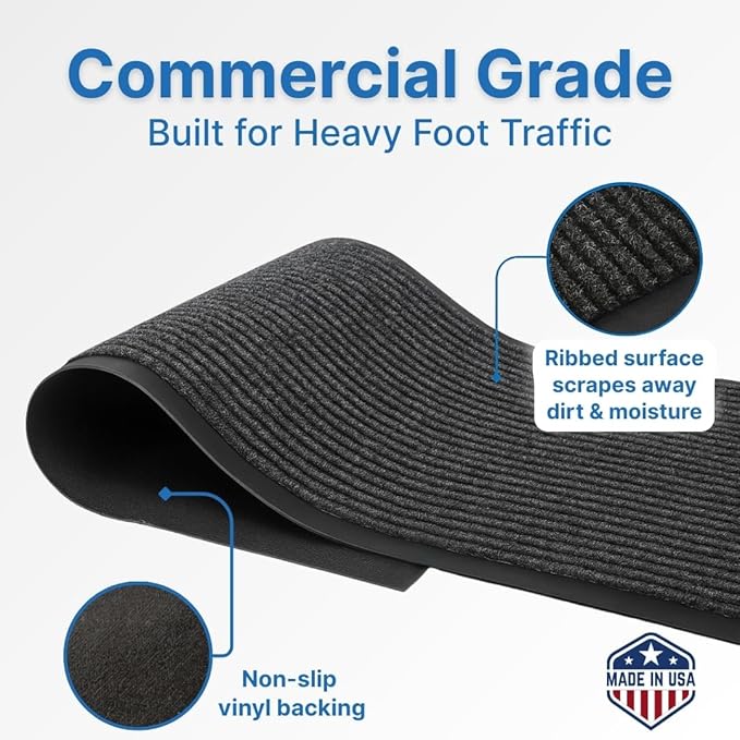 Consolidated Plastics Brush Dry Mat - Made in USA, Heavy-Duty Commercial DoorRug for Indoor/Outdoor Entryways, Non-Slip Backing for High-Traffic Areas (3' W x 6' L, Charcoal)