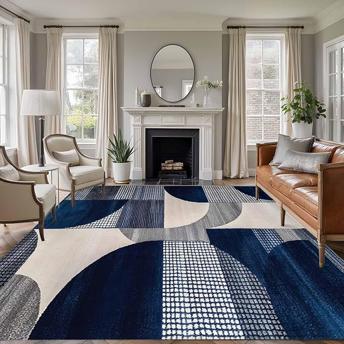Modernism 8'x10' Large Area Rugs, Blue White Geometric Abstract Design Washable Area Rugs Non-Slip Indoor Floor Mats Large Carpet for Living Room Bedroom Dining Room