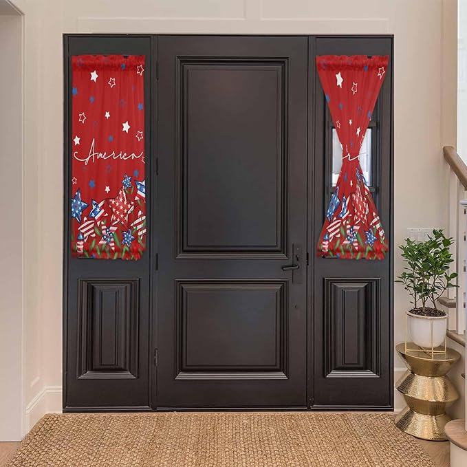 French Door Curtain Panel for Front Door, Red Blue Star American Flag Independence Day 4th of July Slidelight Door Curtains with Tieback Light Filtering Privacy Panels for Doorway Entryway 25"x 40"