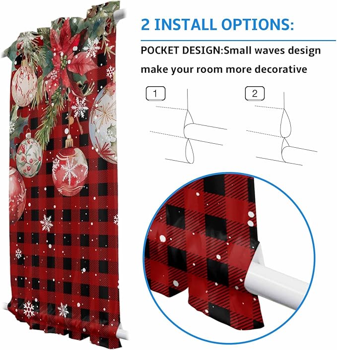 Christmas French Door Curtain for Front Door, Xmas Poinsettia Plants Various Balls Snow Black Red Plaid Slidelight Door Curtains with Tieback Light Filtering Privacy Panel for Entryway 25"x 40"