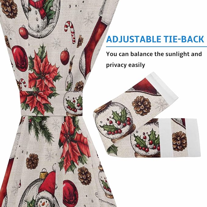 Christmas French Door Curtain Panel for Front Door, Pine Branch Cones Red Xmas Sock Ornaments Snowman Slidelight Door Curtains with Tieback Light Filtering Privacy Panels for Entryway 25"x 40"