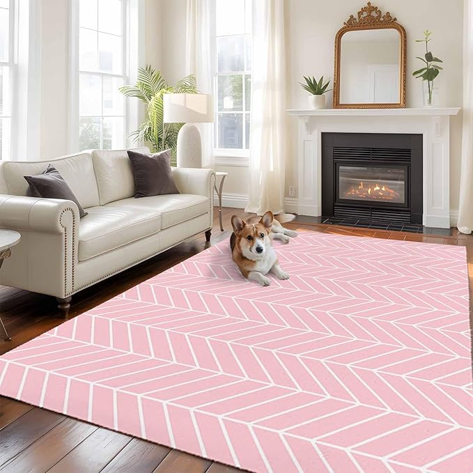 Pink Herringbone Stripes 5'x8' Large Area Rugs, Modern Abstract Geometric Pink Simple Lines Washable Area Rugs Non-Slip Indoor Floor Mats Large Carpet for Living Room Bedroom Dining Room
