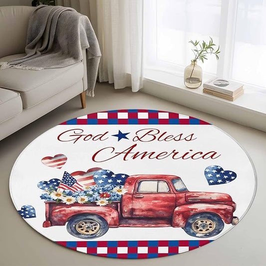 Red Truck USA Flag Stars Round Rug 4 Ft, God Bless America Circle Area Rugs Washable Non Slip Indoor Floor Mats Carpet for Living Room Bedroom Dining Room Home Decor