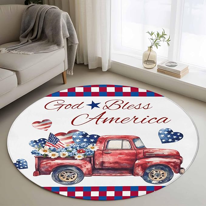 Red Truck USA Flag Stars Round Rug 3.3 Ft, God Bless America Samll Area Rugs Washable Non Slip Indoor Floor Mats Circle Carpet for Living Room Bedroom Dining Room Home