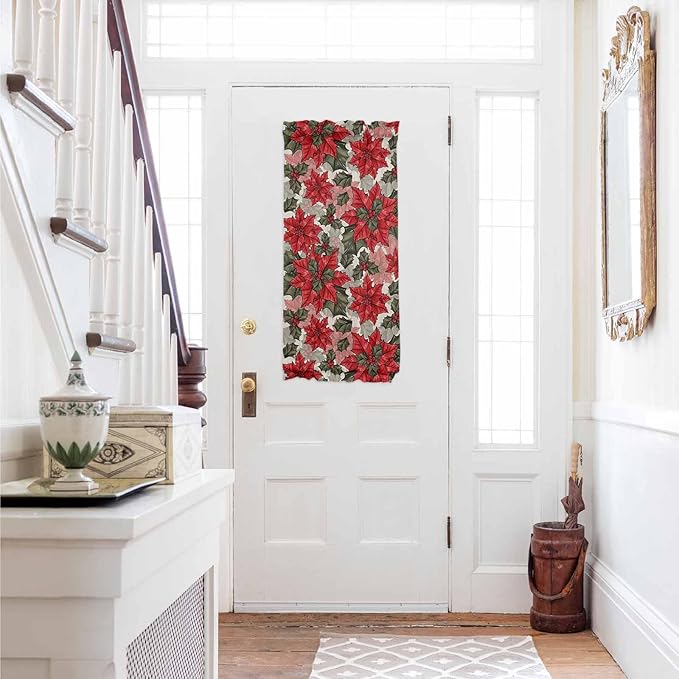 Christmas French Door Curtain Panel for Front Door, Vintage Xmas Poinsettia Floral Farmhouse Slidelight Door Curtains with Tieback Light Filtering Privacy Panels for Doorway Entryway 25"x 40"