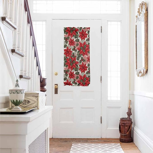 Christmas French Door Curtain Panel for Front Door, Vintage Xmas Poinsettia Floral Farmhouse Slidelight Door Curtains with Tieback Light Filtering Privacy Panels for Doorway Entryway 25"x 40"