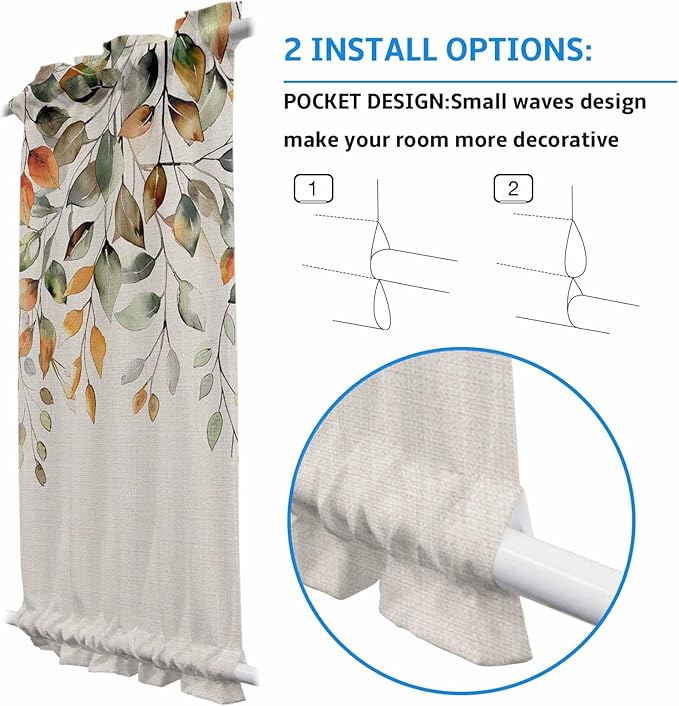 French Door Curtain Panel for Front Door, Plants Eucalyptus Leaves Orange Sage Green Fall Slidelight Door Curtains with Tieback Light Filtering Privacy Panels for Doorway Entryway 25"x 40"