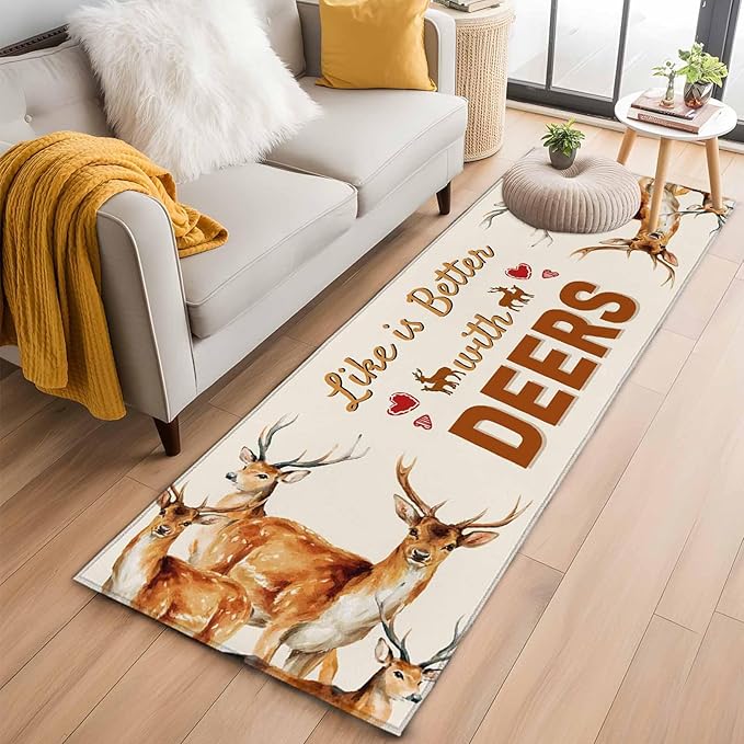 Beige Deer Runner Rug 2'x6', Wildlife Animals Rustic Farmhouse Elk Rustic Farmhouse Hallway Runner Rugs Washable Non-Slip Bedside Floor Mats Carpet for Kitchen Bedroom Laundry Room Bathroom