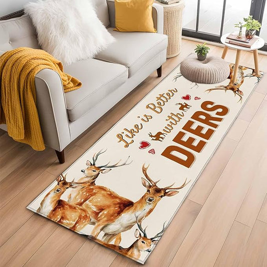 Beige Deer Runner Rug 2'x6', Wildlife Animals Rustic Farmhouse Elk Rustic Farmhouse Hallway Runner Rugs Washable Non-Slip Bedside Floor Mats Carpet for Kitchen Bedroom Laundry Room Bathroom