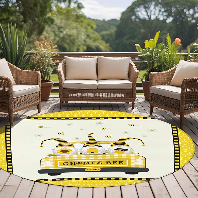 Honey Gnomes Large Round Rug 7Ft, Bees Hive Sunflower Truck Circle Area Rugs Washable Non Slip Indoor Floor Mats Carpet for Living Room Bedroom Dining Room Home Decor