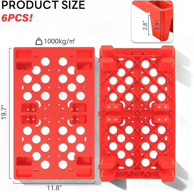 6pcs Red Plastic Pallets, Lightweight Nestable Polyethylene Pallets, Moisture-Proof Floor Pallets, Mini Spliceable Plastic pallets for Basement Storage Kitchen Garages L 19.7" x W 11.8"x H 3.9"