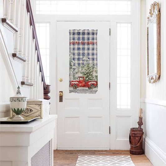 Christmas French Door Curtain Panel for Front Door, Red Truck Snow Merry Christmas Retro Blue Plaid Slidelight Door Curtains with Tieback Light Filtering Privacy Panels for Doorway Entryway 25"x 40"