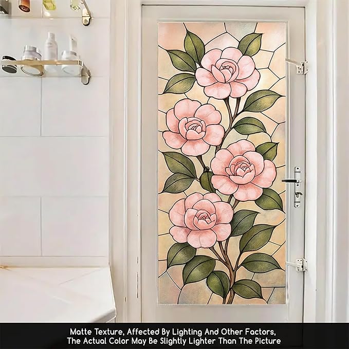 Pink Camellia Privacy Film Stained Glass Style Static Cling No Glue Decorative Panel Light Filtering Cover for Bedroom Door Vanity Entryway 17.7x39.3 inch