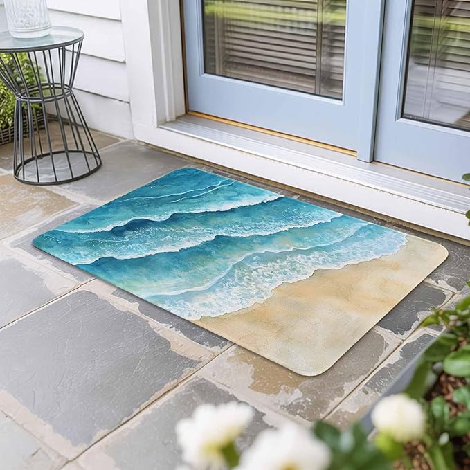 Abstract Waves Doormat Spray Blue Ocean Seaside Watercolor Non Slip Low Profile Rubber Door Mat Washable Absorbent Indoor Front Door Mat Entryway Rug Entrance Carpet 16x24 Inch