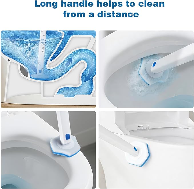 Disposable Toilet Brush Set with Holder, White and Blue, Includes 16 Cleaning Refills (1+16 Refills)