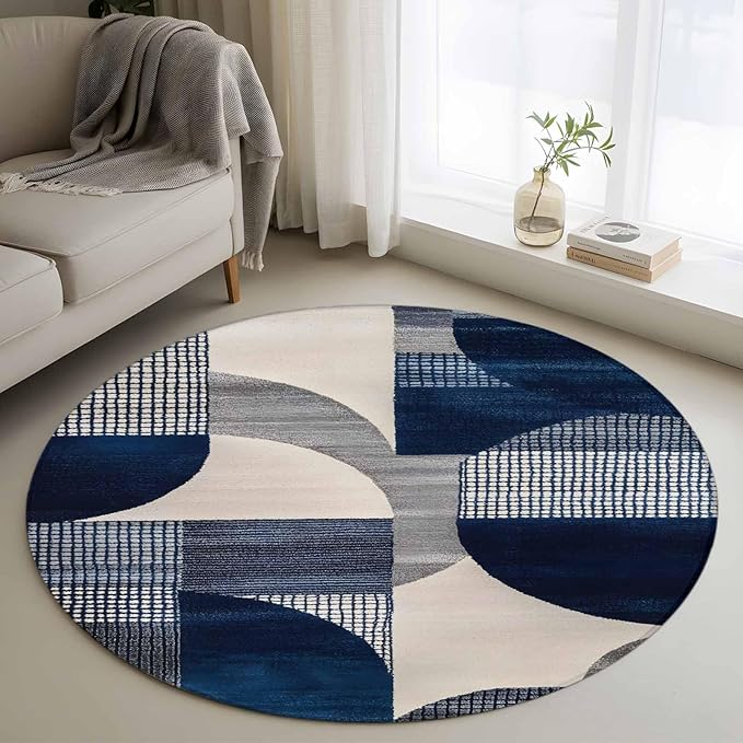 Modernism Small Round Rug 3 Ft, Blue White Geometric Abstract Design Area Rugs Washable Non Slip Indoor Floor Mats Circle Carpet for Living Room Bedroom Dining Room Home Decor