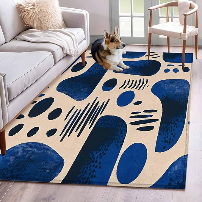 Modernism 4'x6' Area Rugs, Blue Black Geometric Abstract Style Washable Area Rugs Non-Slip Indoor Floor Mats Carpet for Living Room Bedroom Dining Room