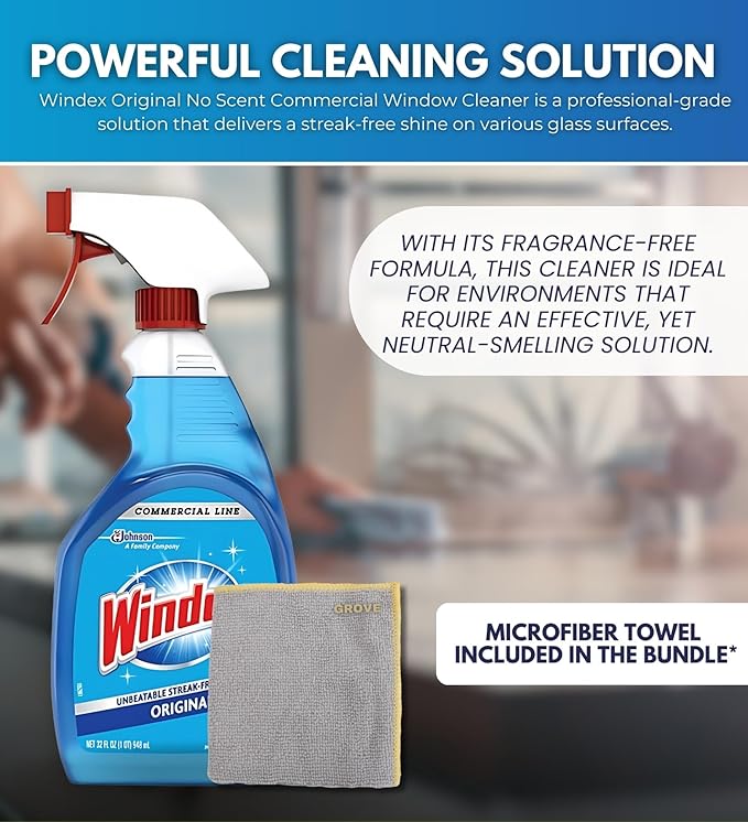 Commercial Line Glass and Surface Cleaner Spray 32 oz Bundle with Microfiber Cloth - Streak-Free Shine for Glass, Mirrors, and More - Window Cleaner with Ammonia-D Formula - (2 Items)