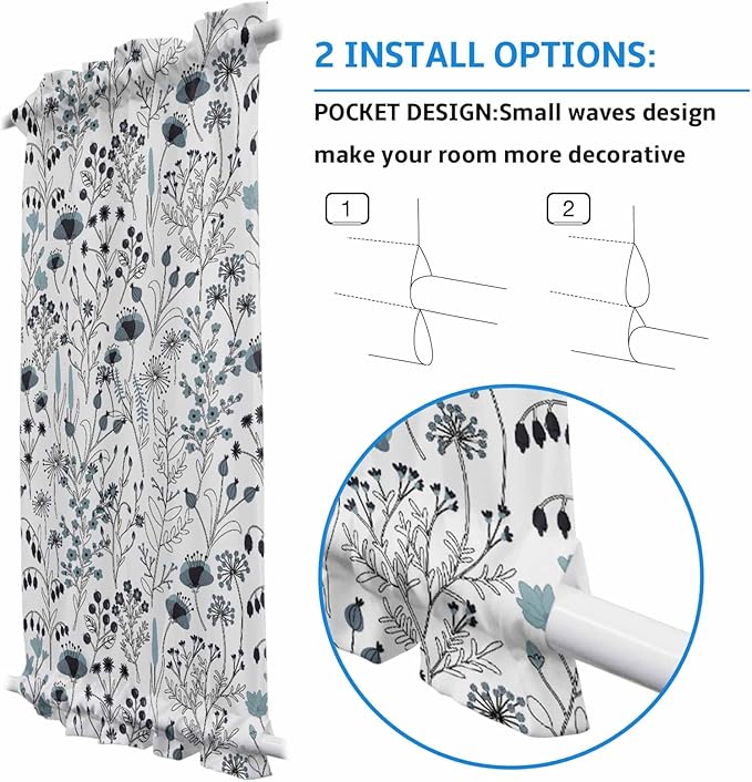 French Door Curtain Panel for Front Door, Blue Black Hand-Drawn Lines Wildflowers Slidelight Door Curtains with Tieback Light Filtering Privacy Panels for Doorway Entryway 25"x 40"
