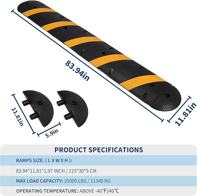 1 Pack 6FT Speed Bumps for Road, Heavy Duty 25,000 Lbs Capacity with 2 Channel Floor Cord Cover, 72" Parking Lot Speed Hump for Garage, Driveway, Warehouse - Includes Installation Parts, Black/Yellow